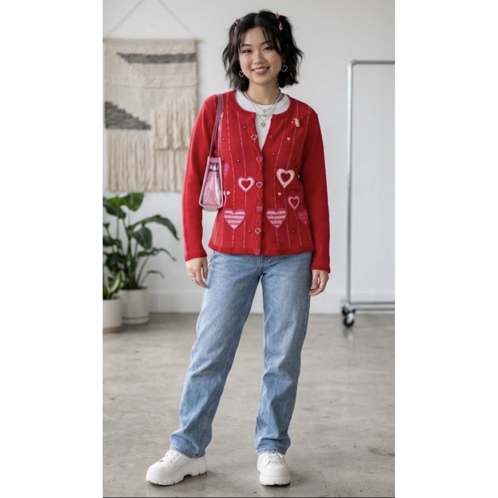 Vtg Quacker Factory Size M Sweater Valentine's Day Red Cardigan Beaded